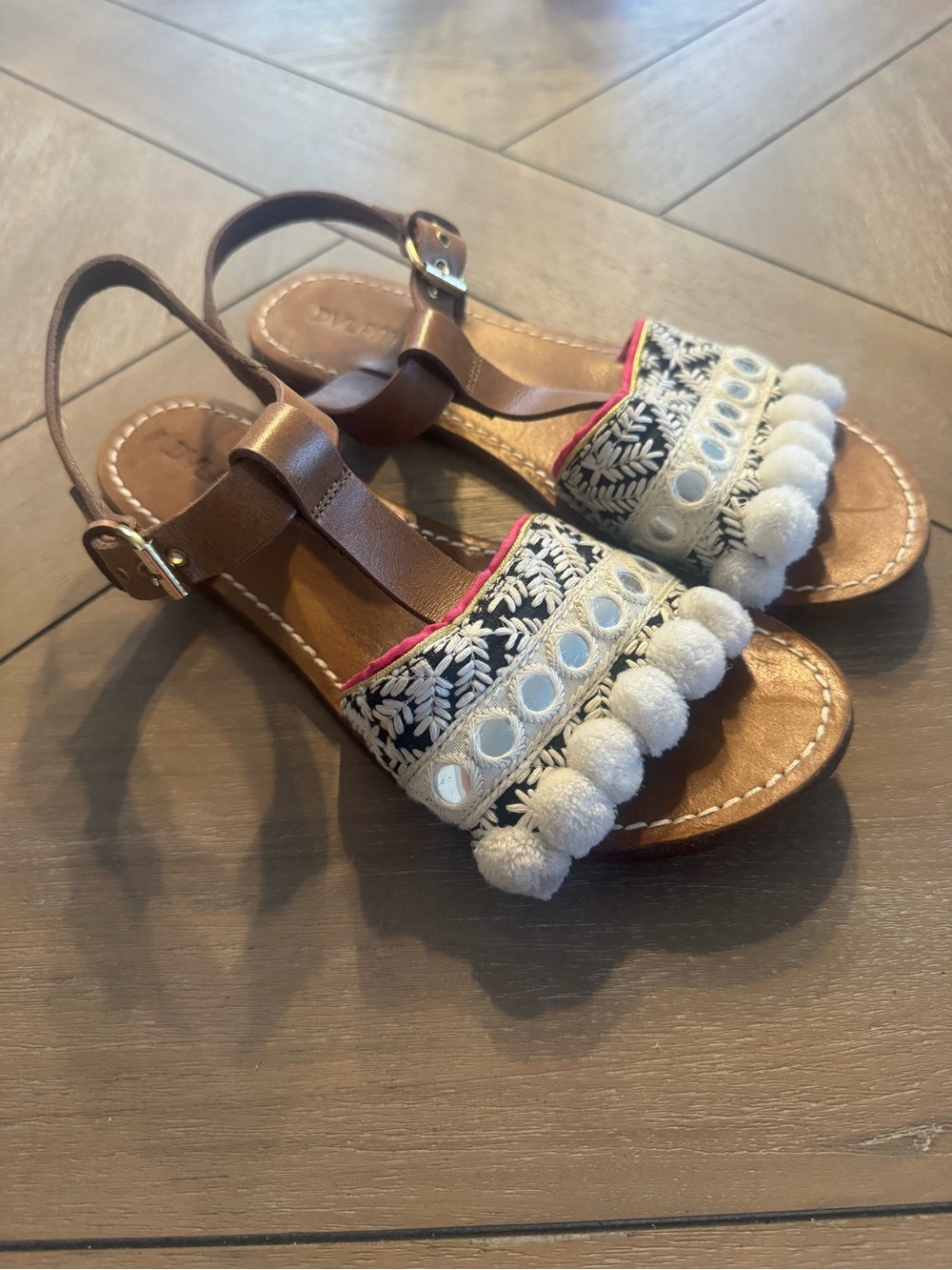 Anthropologie DVLPMNT Brown Genuine Leather Pom-Pom & Embroidered Sandals